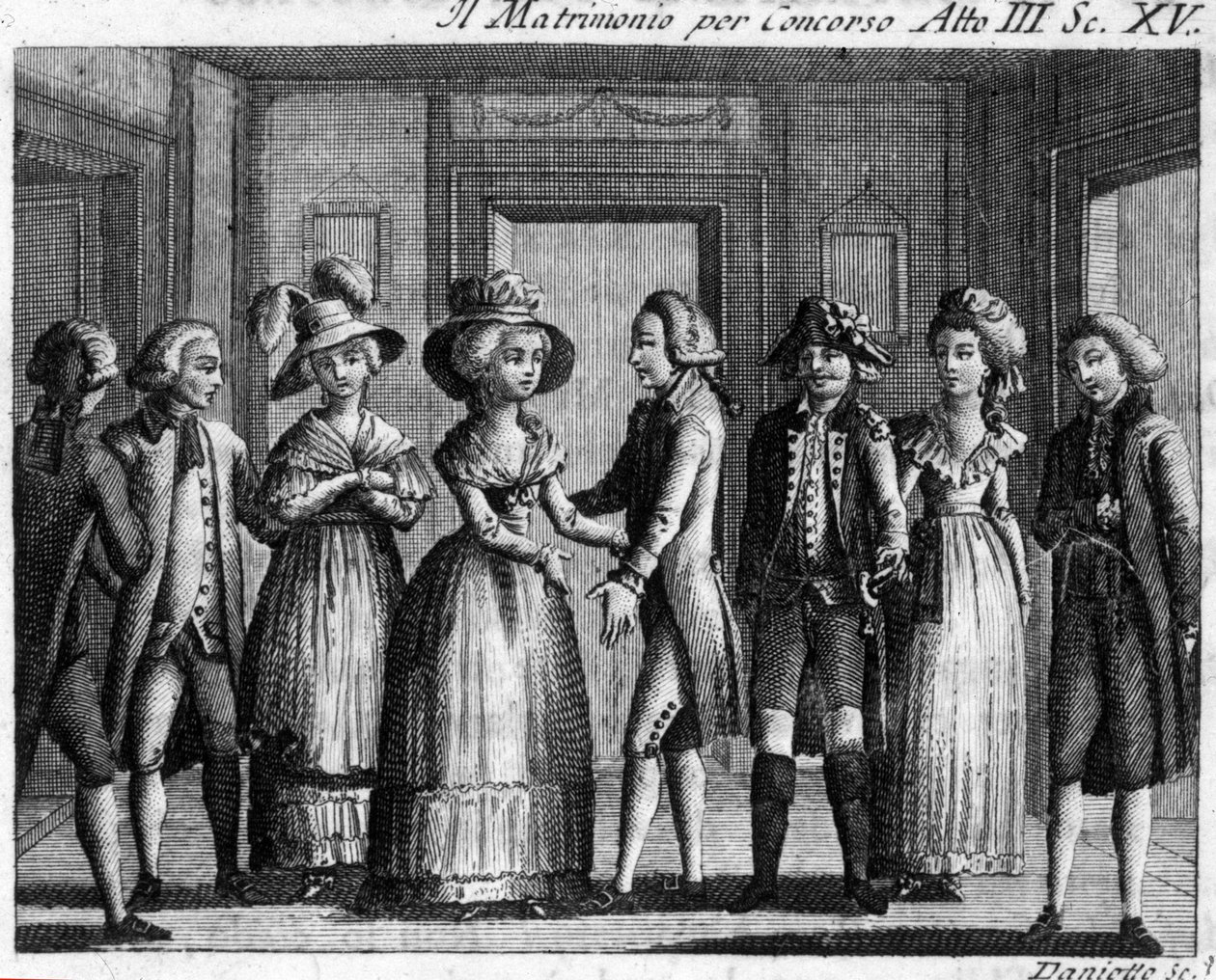 Carlo Goldoni（1707-1793）的漫画作品“Il matrimonio per concorso”第三幕第 15 场。 18 世纪的雕刻。 作者 意大利学校
