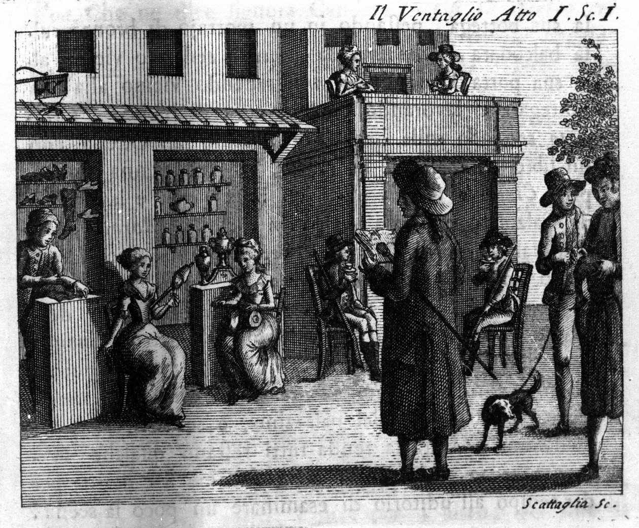 Carlo Goldoni（1707-1793）的漫画作品“Il ventaglio”（The eventel）（1764 年）第一幕第一幕。 18 世纪的雕刻 作者 意大利学校