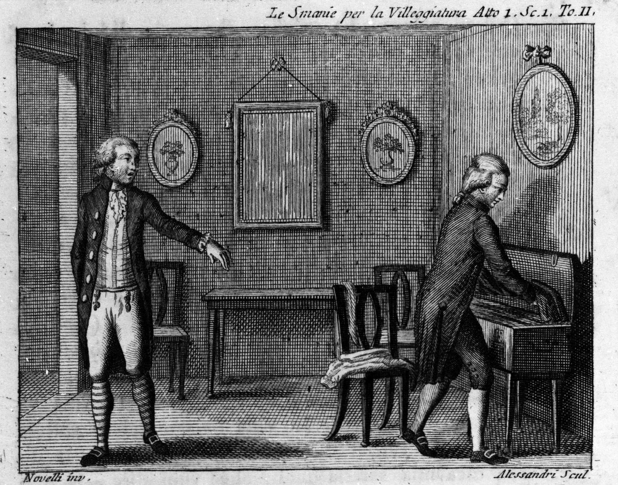 卡洛-戈尔多尼（1707-1793年）的喜剧作品 "La smania per la villeggiatura"（La ville）（1761年）第一幕第一场景。18世纪的雕版画。 作者 意大利学校