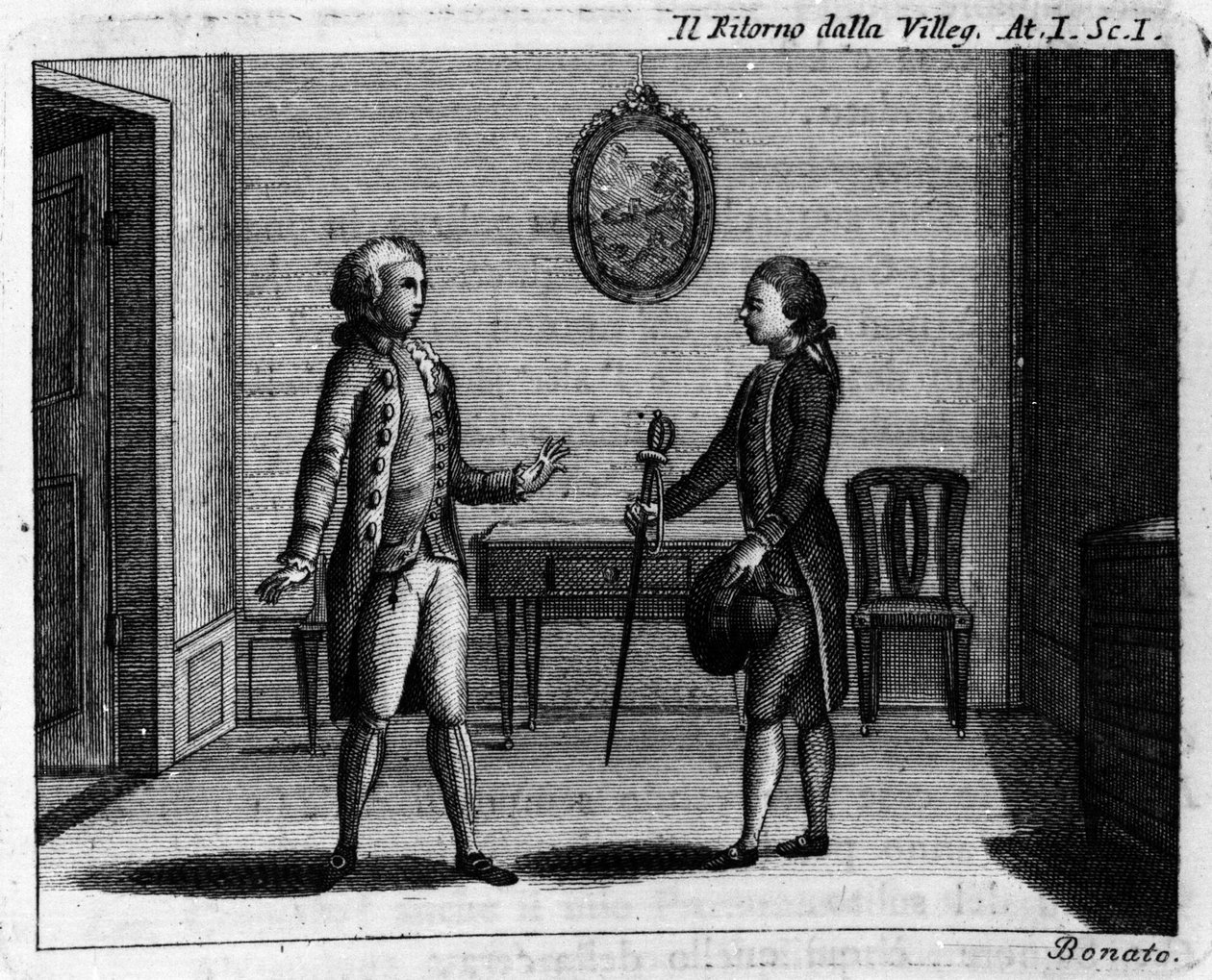 Carlo Goldoni（1707-1793）的漫画作品“Ritorno della villeggiatura”（城市回归）（1761 年）第一幕第一幕。 18 世纪的雕刻 作者 意大利学校