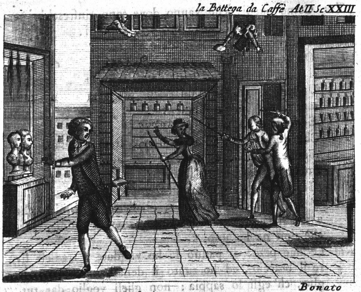 Carlo Goldoni（1707-1793）的漫画作品“La bottega del caffe”（咖啡馆）（1750 年）的第二幕第 23 场：游戏桌。 18 世纪的雕刻 作者 意大利学校