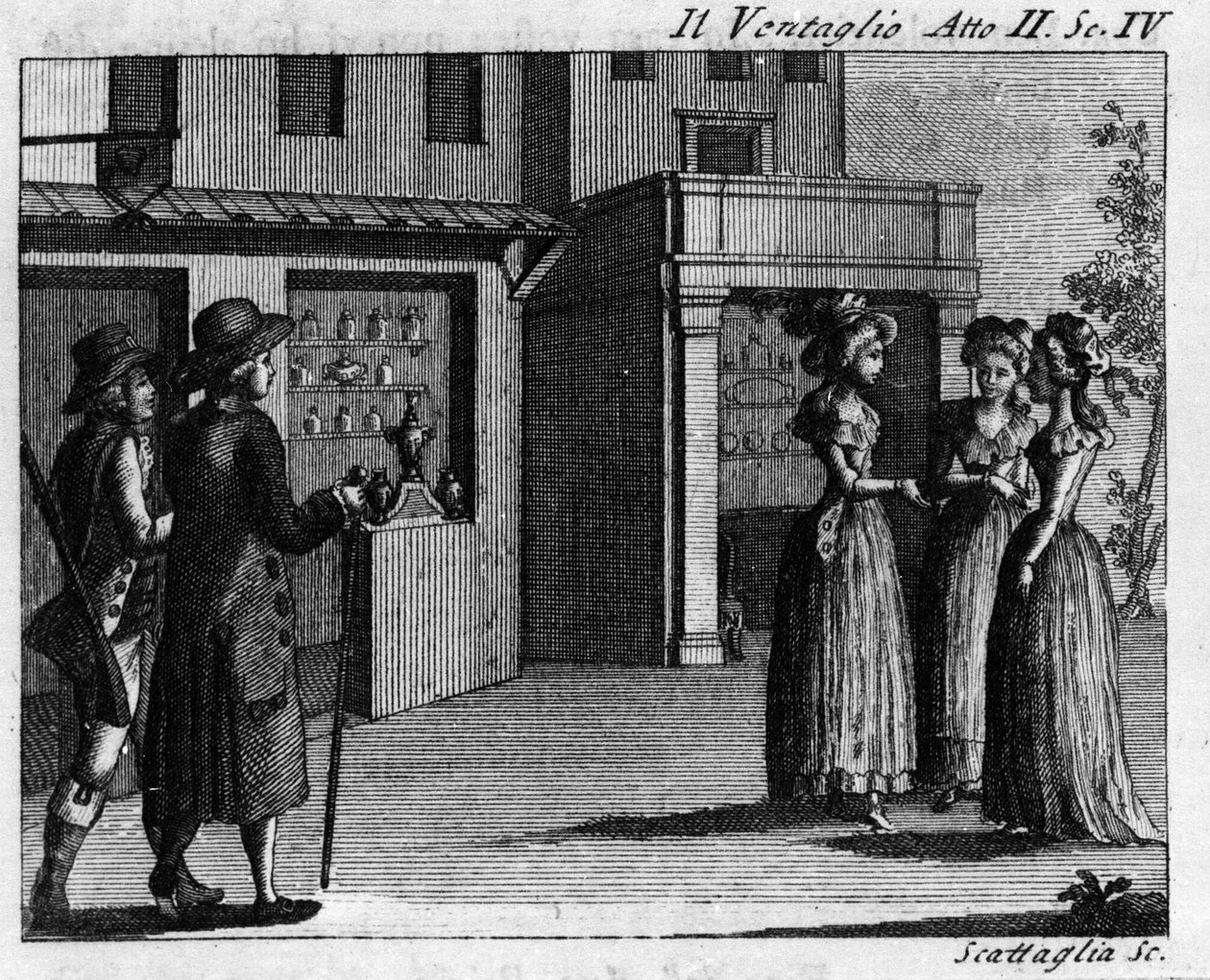 Carlo Goldoni（1707-1793）的漫画作品“Il ventaglio”（The eventel）（1764 年）第二幕的第 4 幕。 18 世纪的雕刻 作者 意大利学校