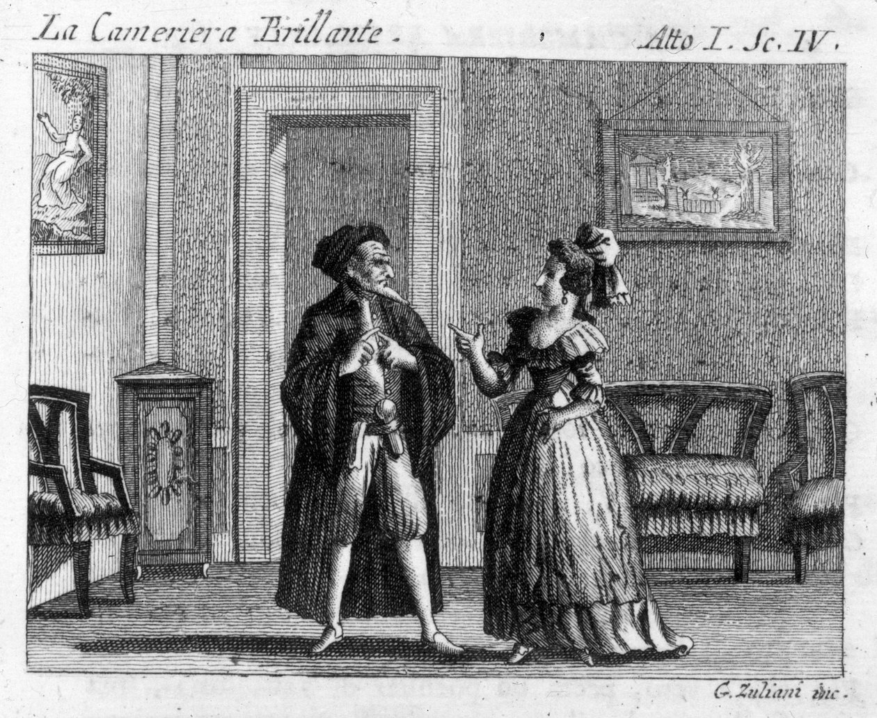 Carlo Goldoni (1707-1793) 的漫画作品“La cameriera brillante”（聪明的女仆）（1754 年）的第一幕第 4 场：游戏桌。 18 世纪的雕刻 作者 意大利学校