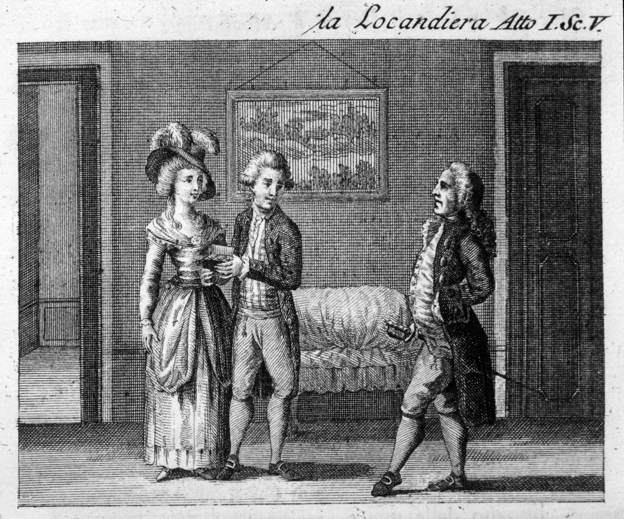 卡洛-戈尔多尼（1707-1793）的作品 "La locandiera"（1753）第一幕第五场。18世纪的雕版画 作者 意大利学校