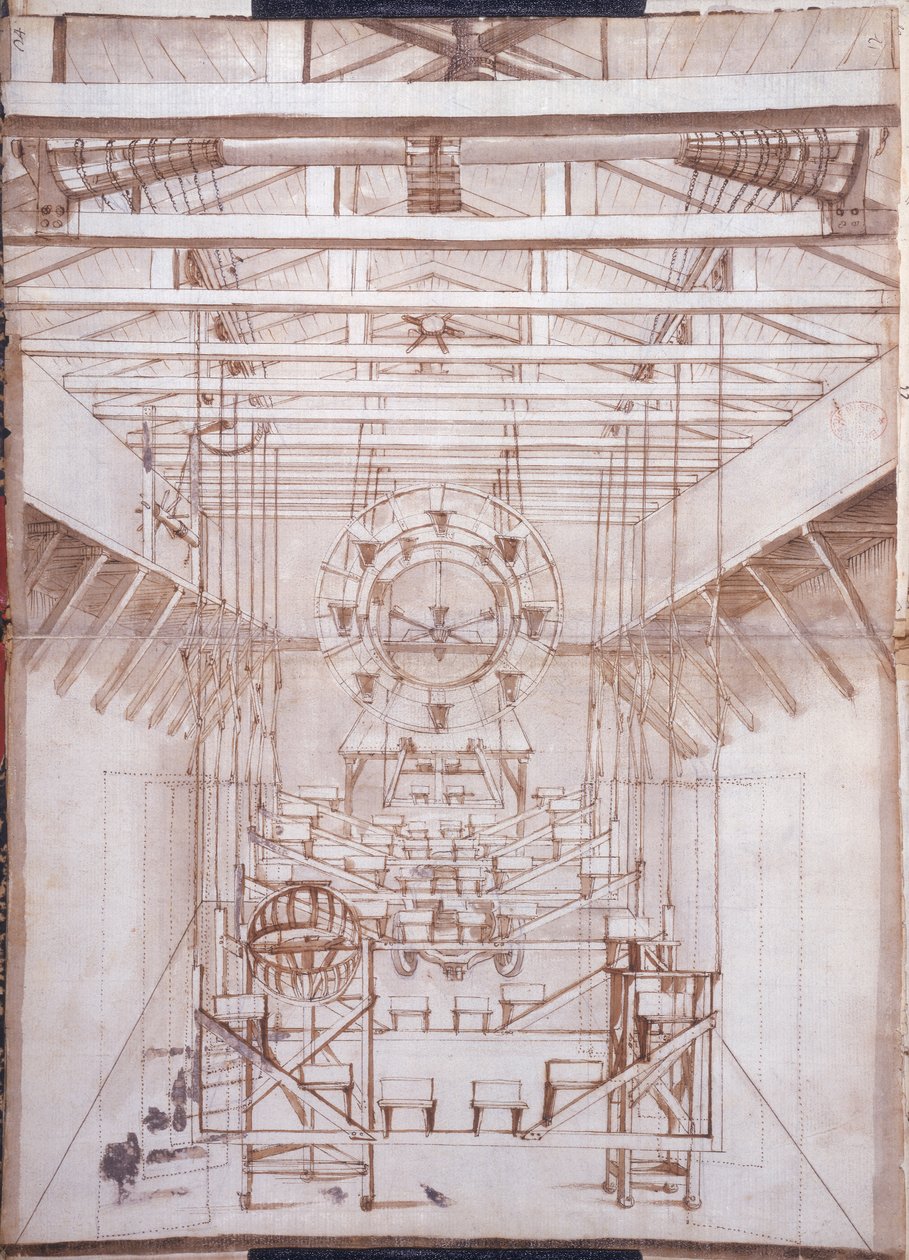 1675年威尼斯San Salvatore剧院的歌剧舞台机械（纸和笔墨水洗） 作者 意大利学校