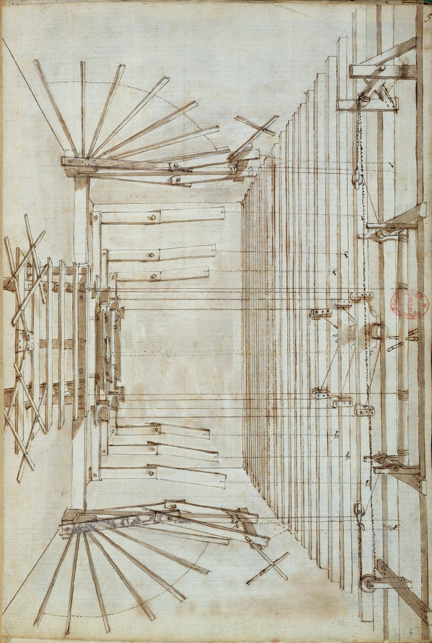 1675年威尼斯San Salvatore剧院的歌剧舞台机械（纸和笔墨水洗） 作者 意大利学校