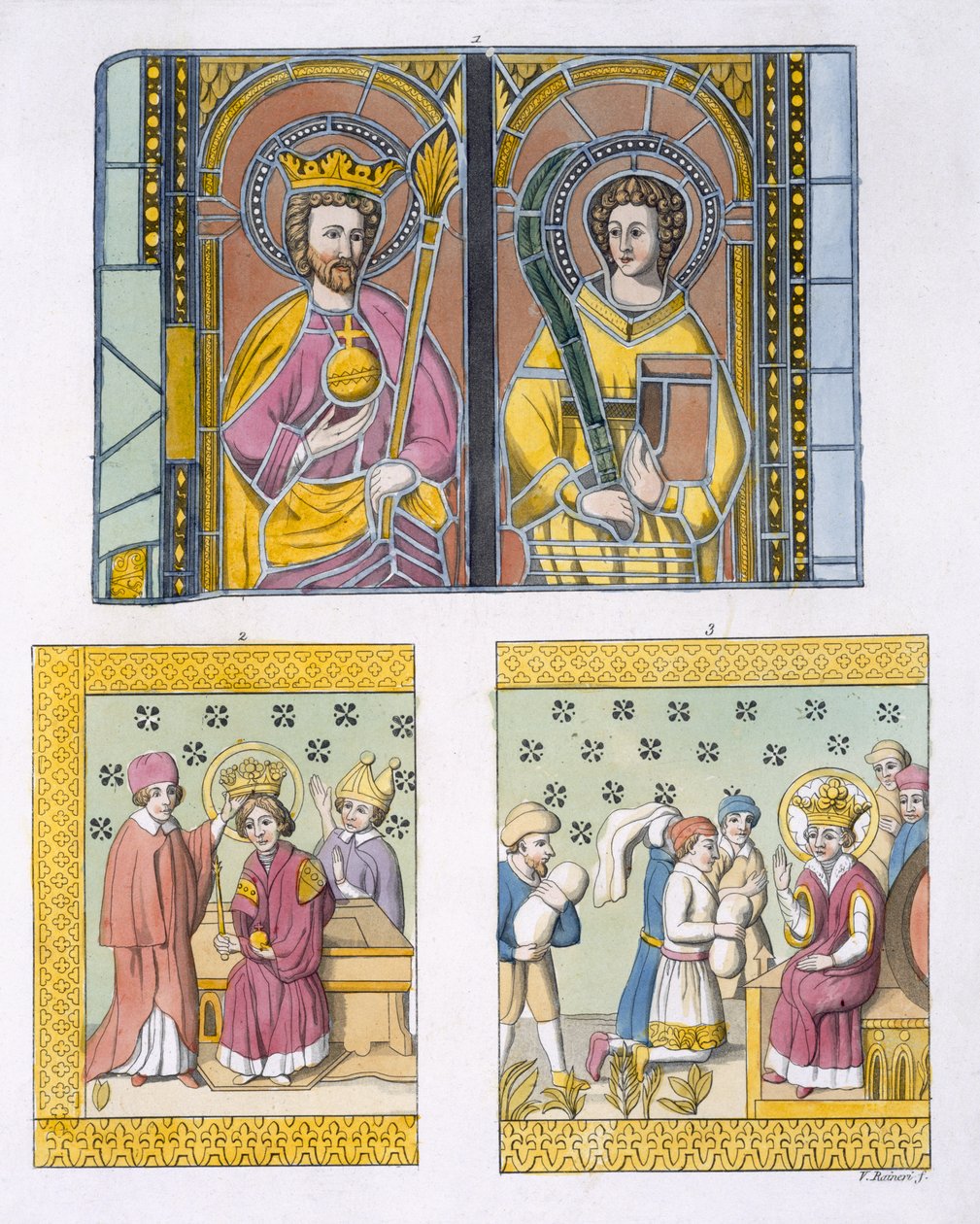 来自乌普萨拉老教堂的彩色玻璃装饰，来自Jules Ferrario的Le Costume Ancien et Moderne的42号板，出版于1820年代至30年代 作者 意大利学校