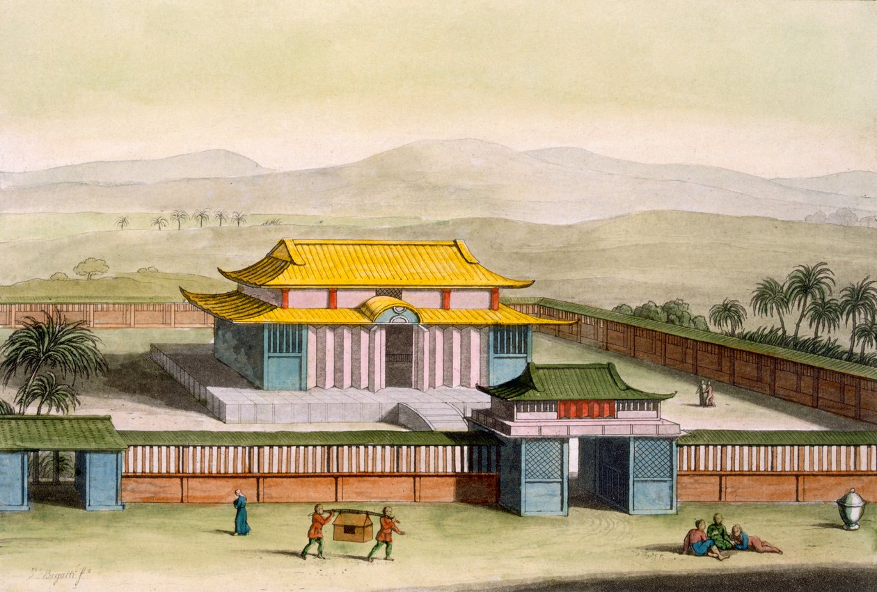 Temple Daibods位于农村的一个大院内，来自Costume dei ...由Giulio Ferrario，1820年代至30年代（手工彩色光刻） 作者 意大利学校