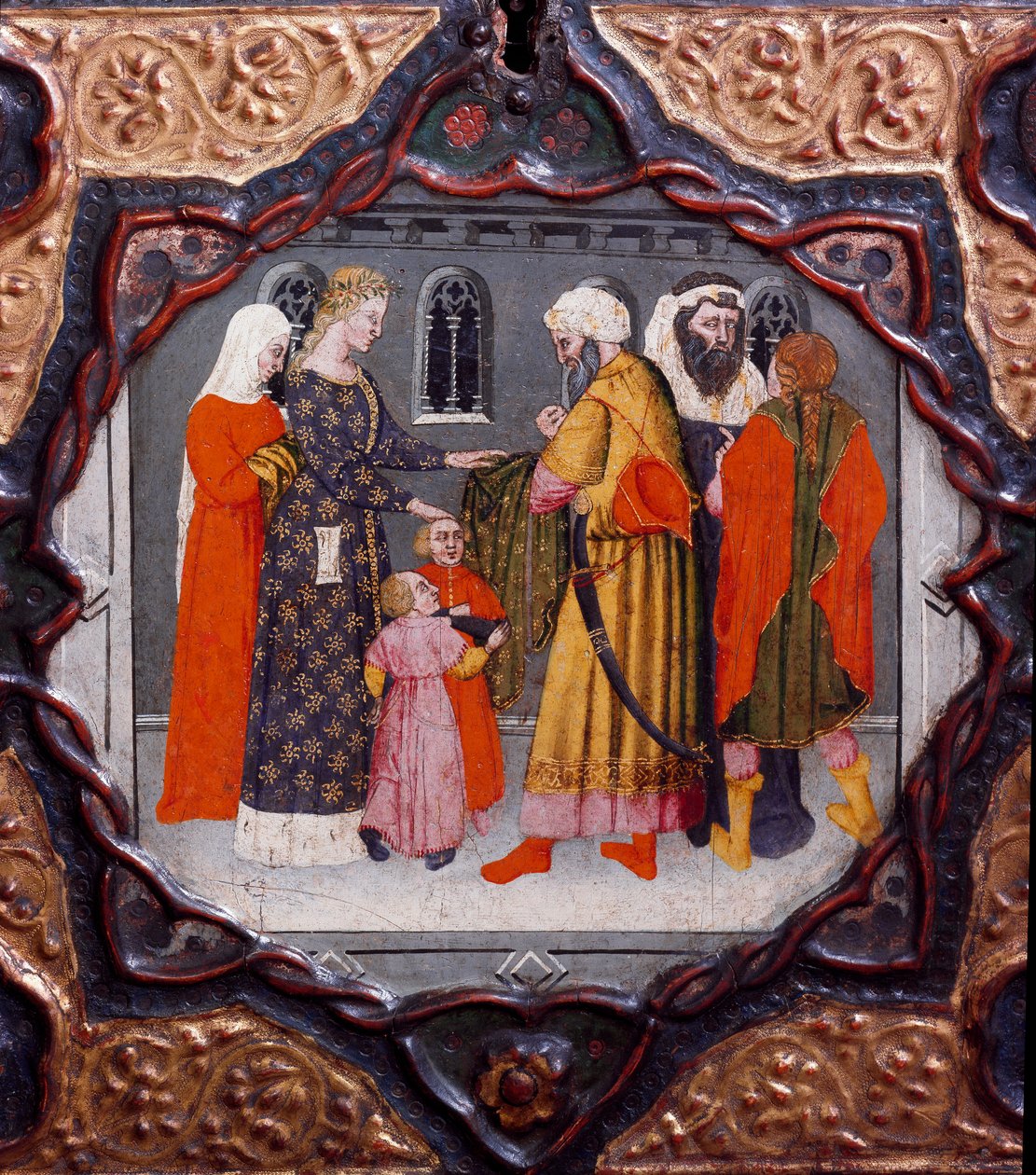 第十天，第九条新闻：梅塞尔·托雷洛和萨拉丁的日子（1138-1193）（Salah al Din Yusuf al-Ayyubi (al Ayyubi)。画框描绘了乔瓦尼·薄伽丘（Jean Boccaccio）的《十日谈》（Jean Boccaccio）（1313-1375） ).15世纪.佛罗伦萨，巴国家博物馆 作者 意大利学校