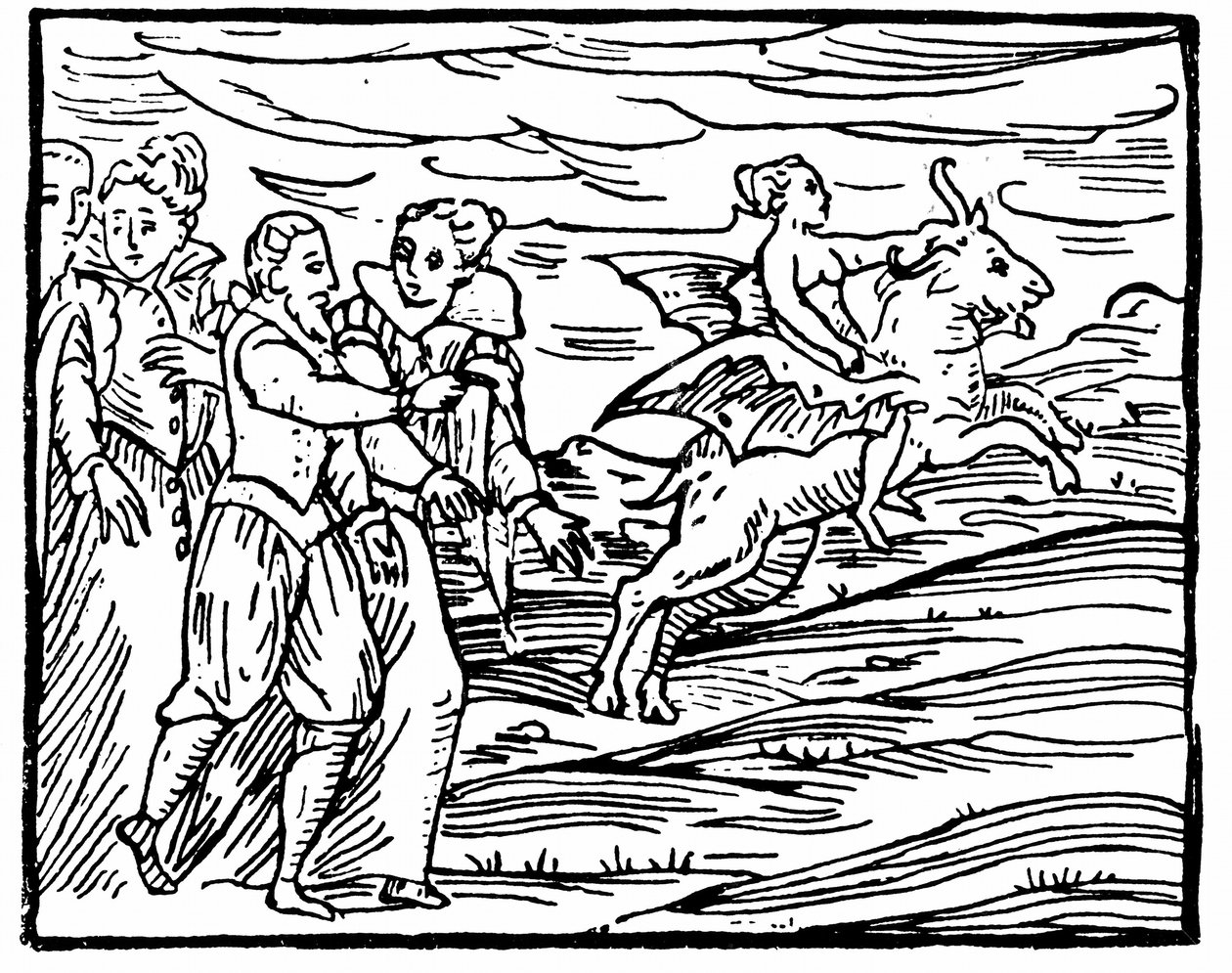 魔鬼，以飞山羊的形式，携带女巫到安息日，图片来自Compendium Maleficarum，Francesco Maria Guazzo，1608 作者 意大利学校