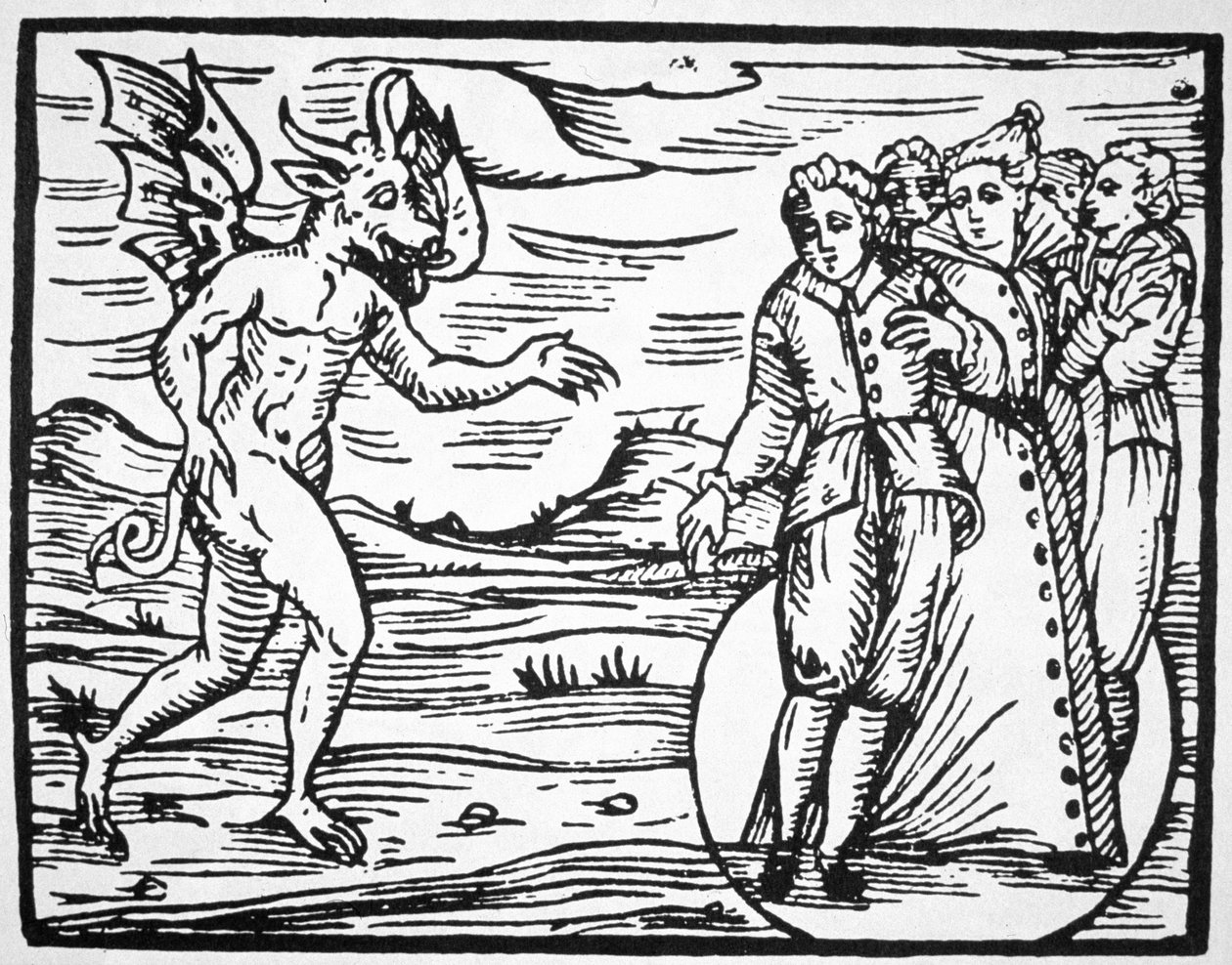 魔鬼的召唤，米兰1608年Fr M Guaccius的Compendium Maleticarum插图的复制品，用于19世纪后期出版的“魔法史” 作者 意大利学校