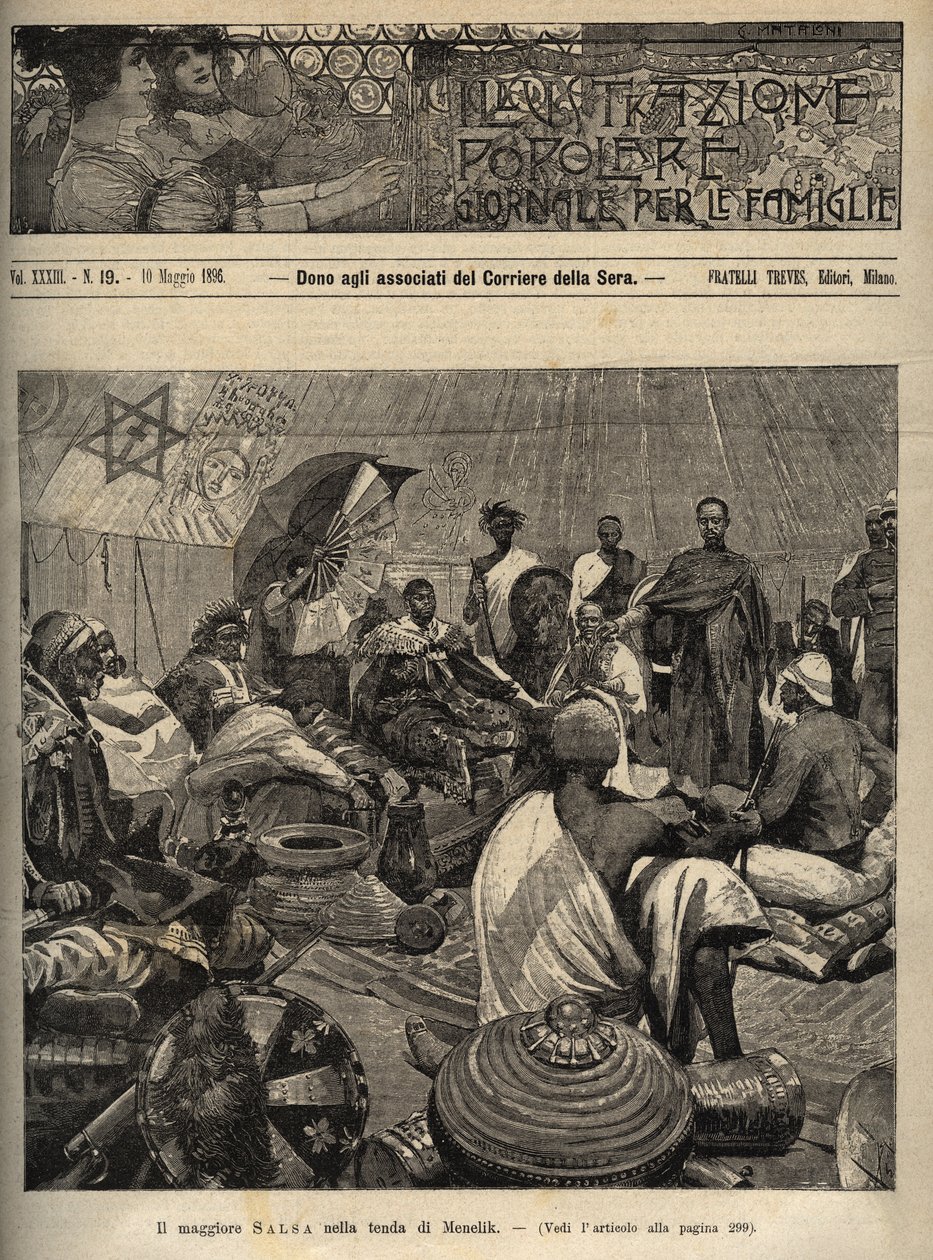 第一次意大利-埃塞俄比亚战争（1895-1896）。Tommaso Salsa少校和Annibale Anghera上尉在埃塞俄比亚皇帝梅内利克二世（1844-1913）面前--雕刻自 "illustrazione popolare - giornale per le famiglie - 1896 - The negotiations for peace with. 作者 意大利学校
