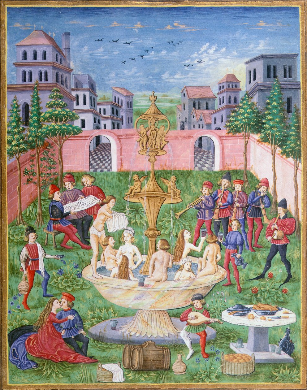 生命之泉：花园里的歌手和音乐家，《De Sphaera》微型画，莱昂纳多·达蒂 (Leonardo Dati) 创作 作者 意大利学校
