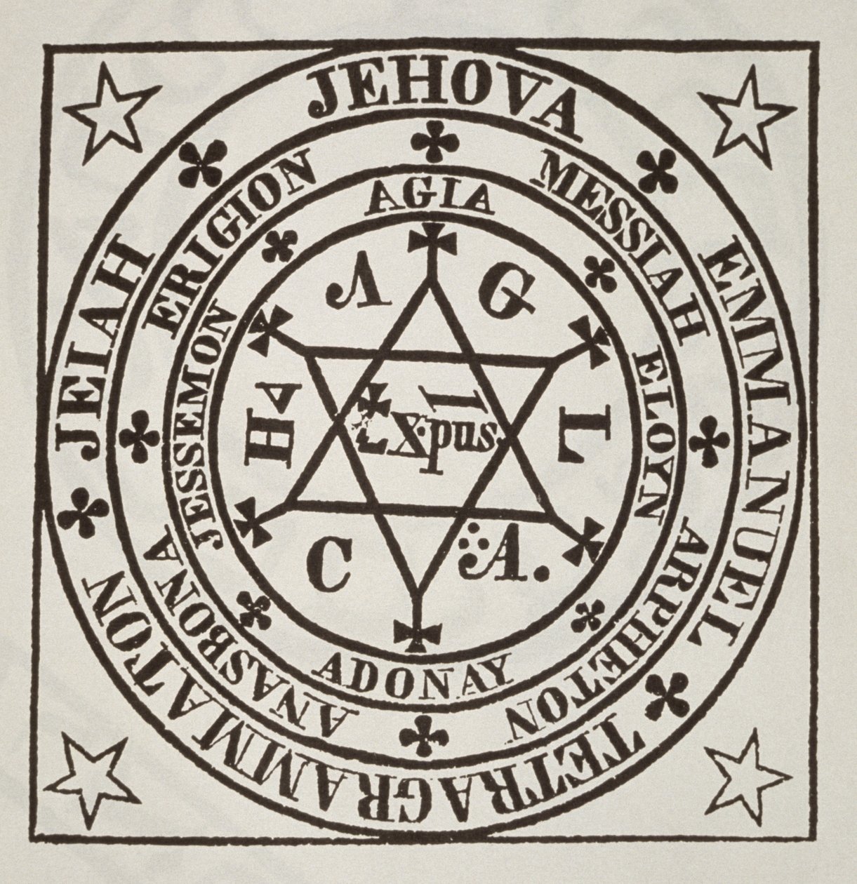 Agrippa用于唤起恶魔的伟大魔术圈，1744年罗马Les Oevres Magiques de Henri Corneille Agrippa的插图复制品，用于19世纪晚期出版的“魔法史”中 作者 意大利学校