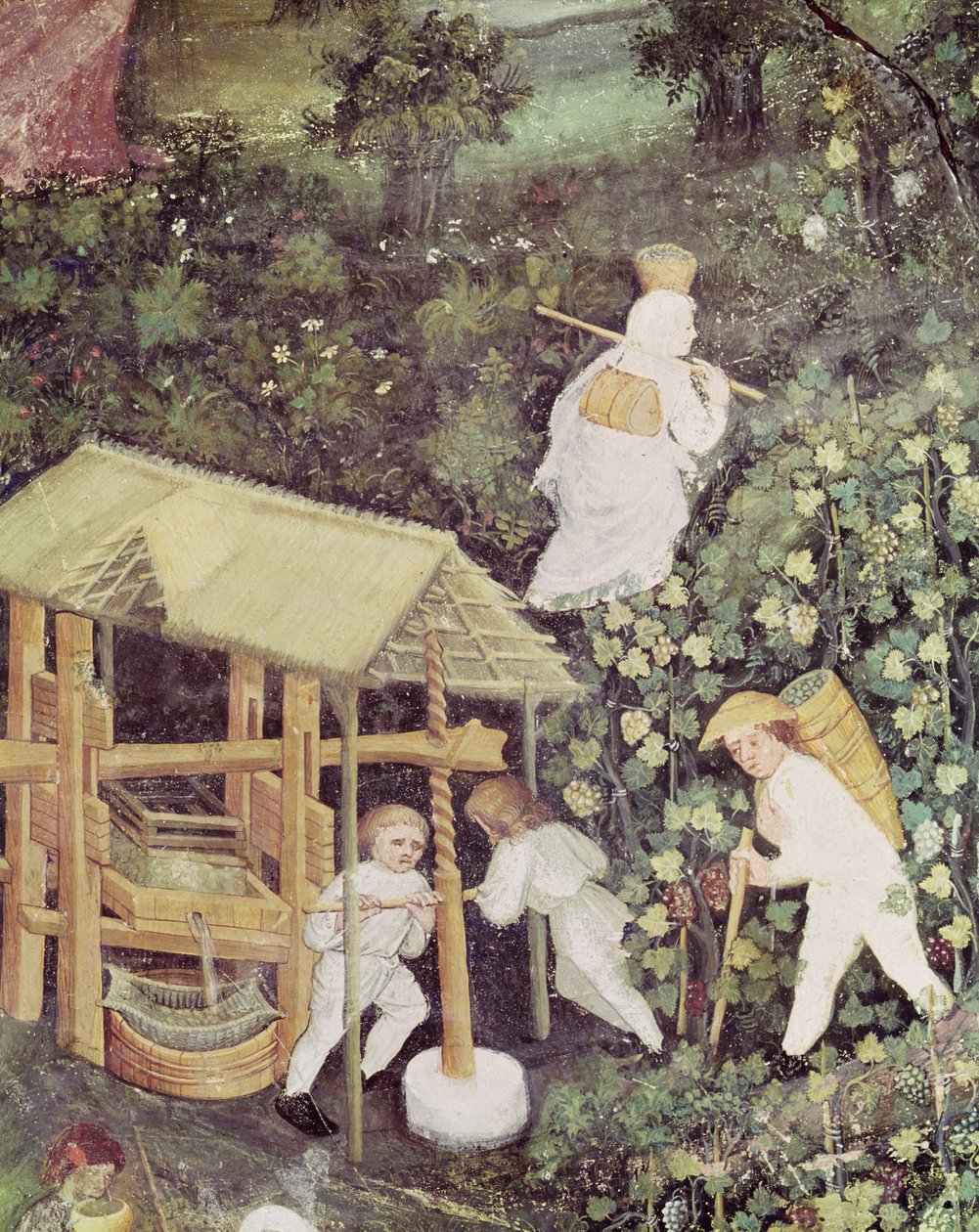 十月，采摘葡萄者压榨葡萄的细节，约 1400 年（壁画） 作者 意大利学校