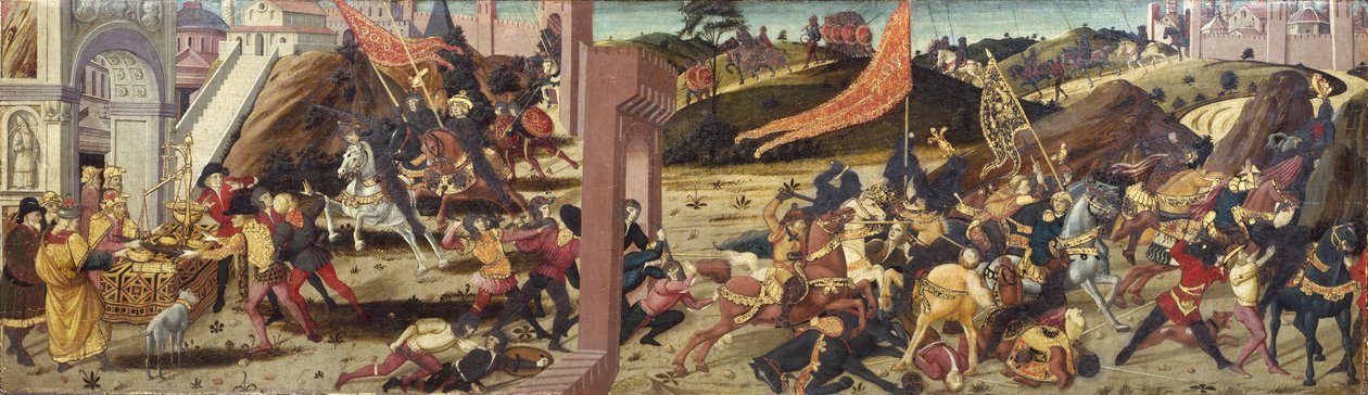 莫雷利·卡松 (Morelli Cassone) 描绘了被马库斯·福里乌斯·卡米卢斯 (Marcus Furius Camillus) 击败的高卢人（主面板） 作者 意大利学校