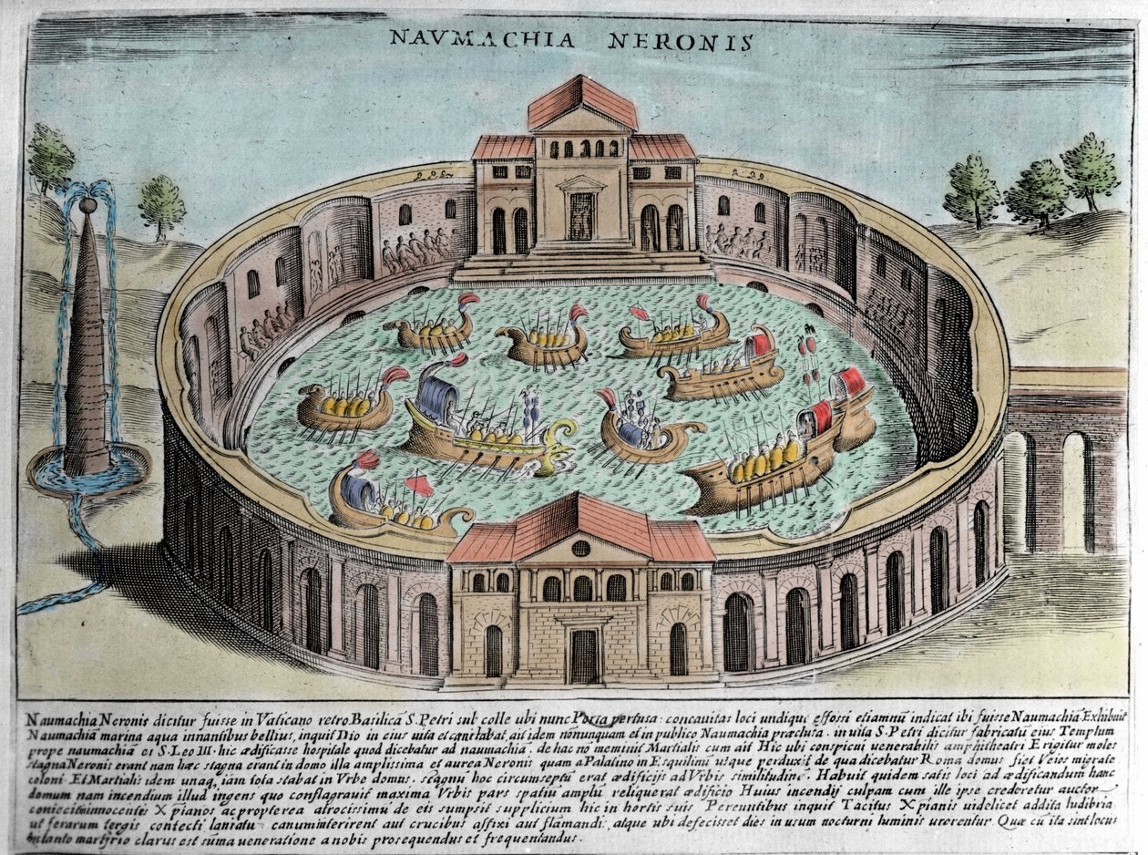 Neron 的 Naumachia，代表罗马的一场海战。 雕刻（17 世纪）。 作者 意大利学校