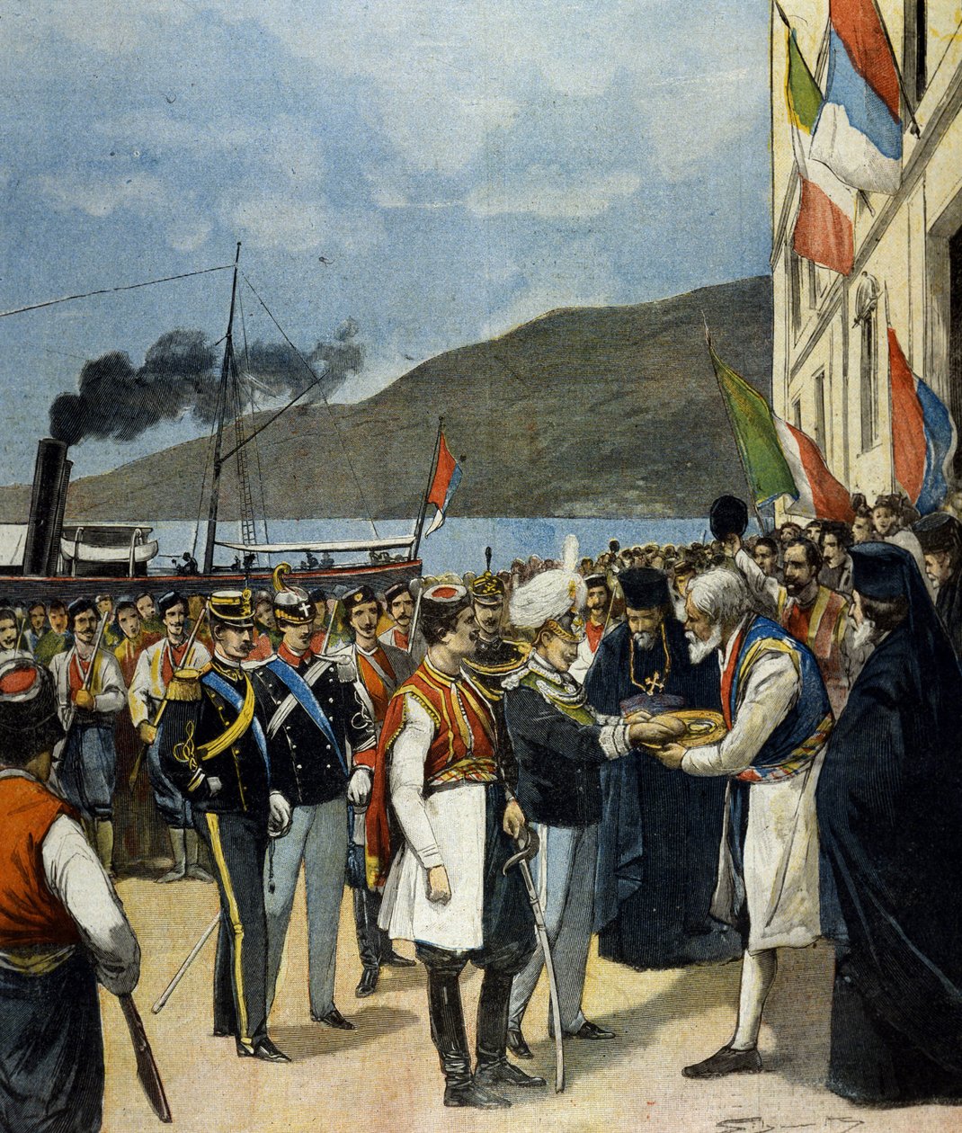 The Prince of Naples - then Victor Emmanuel III (Victor-Emmanuel) (Vittorio Emanuele) - receives in Rijeka, according to tradition, bread and salt from the family of Helene de Montenegro. 作者 意大利学校