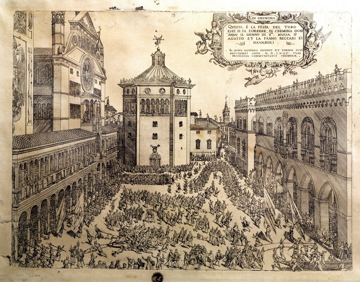 意大利克雷莫内（Cremona）大广场上的金牛座盛宴。16世纪克雷莫纳的雕版画，意大利公民博物馆 作者 意大利学校