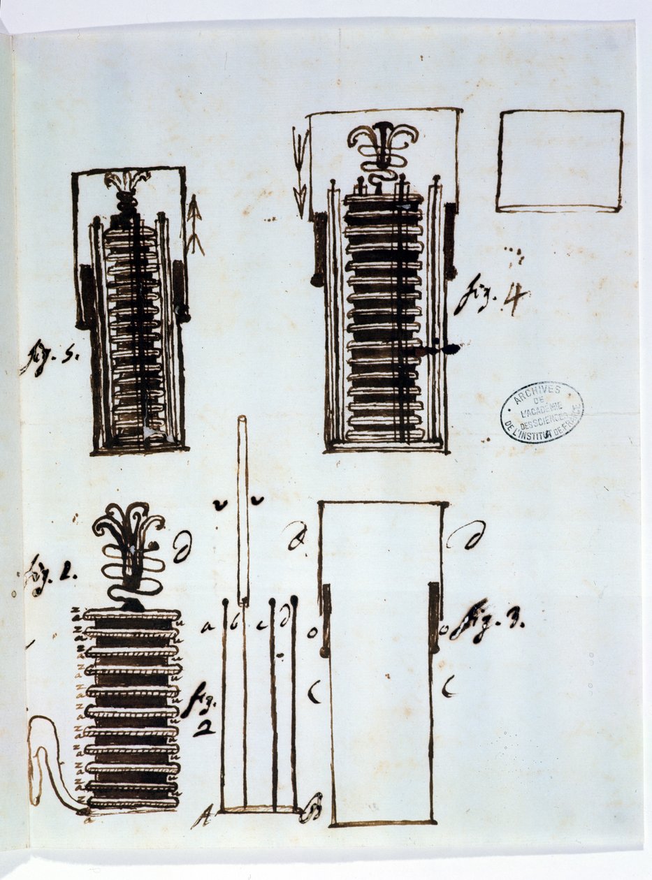 Voltaic堆（电池）。从Alessandro Volta（1745-1827）的一封信到绘制电影的Dieudonne Dolomieu（1750-1801），1801（笔和纸上的墨水） 作者 意大利学校