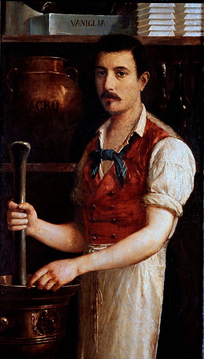 巧克力的手工制造 可可豆被磨碎了。无名画的标志。1875-1900年 米兰，Museo di Milano 作者 意大利学校
