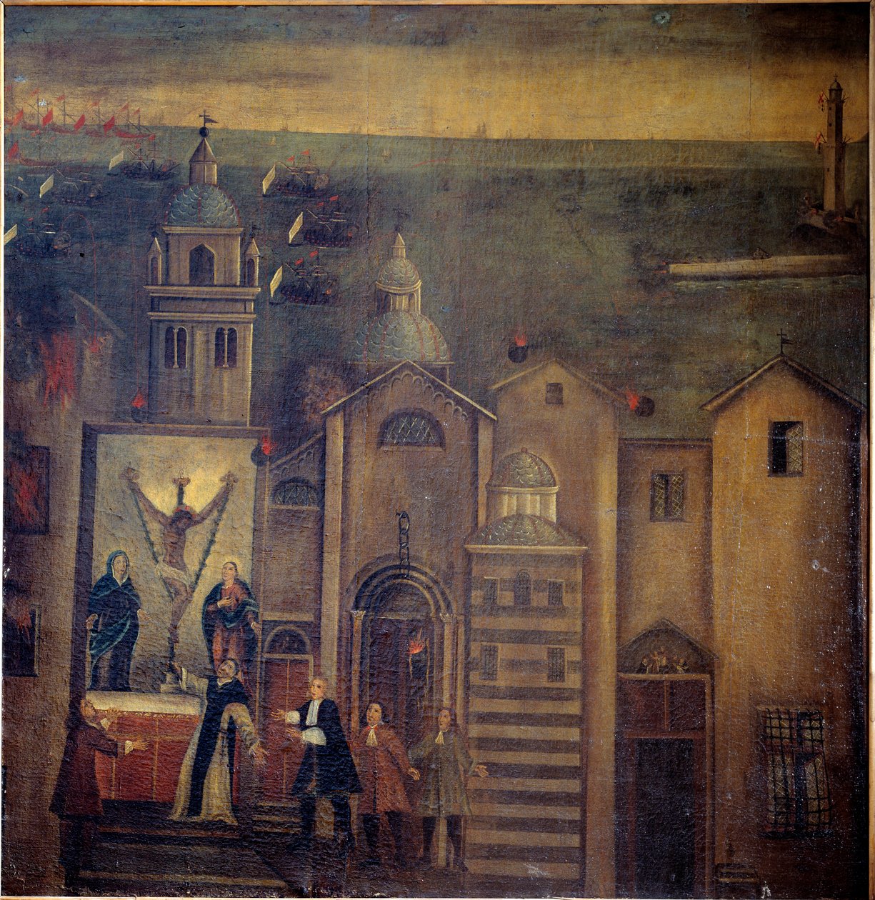 1684 年法国人轰炸热那亚的圣玛丽亚德尔卡斯特罗教堂（布面油画） 作者 意大利学校