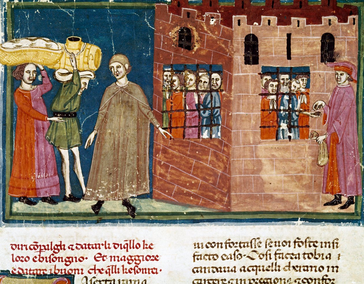 向囚犯分发膳食 佛罗伦萨学校的缩影取自 14 世纪初由 Ser Zucchero Bencivenni (MS.II.VI 16) 撰写的“Pater noster”扩展版，佛罗伦萨，国家图书馆 作者 意大利学校