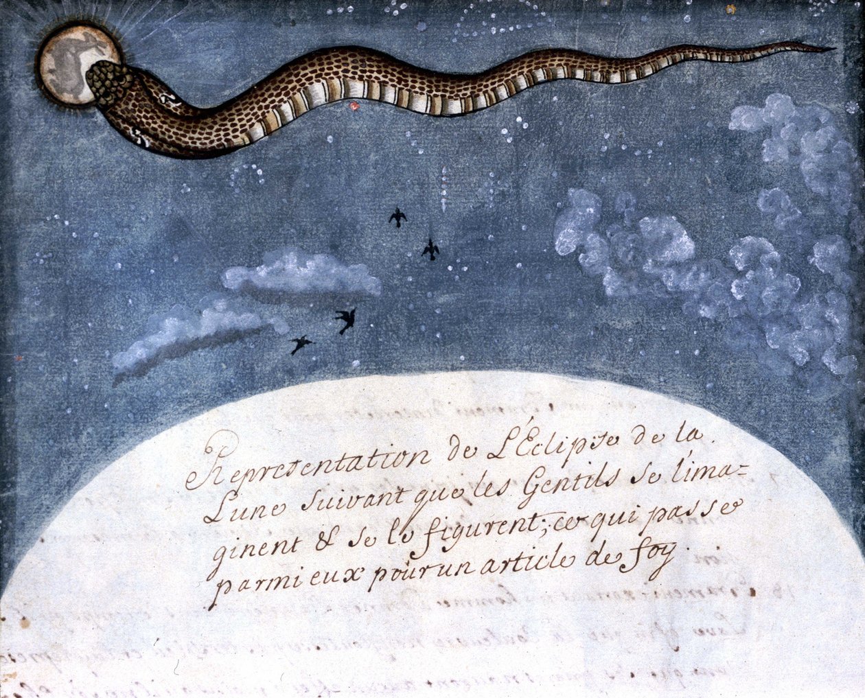 莫卧儿印第安人想象的月食（一条吞食月亮的蛇） Page 取自 Stefano Nivibus Cardeira 手稿（ms.8300）“莫卧儿历史”（莫卧儿或莫卧儿）。 18世纪。 Bibloteca marciana，威尼斯 作者 意大利学校