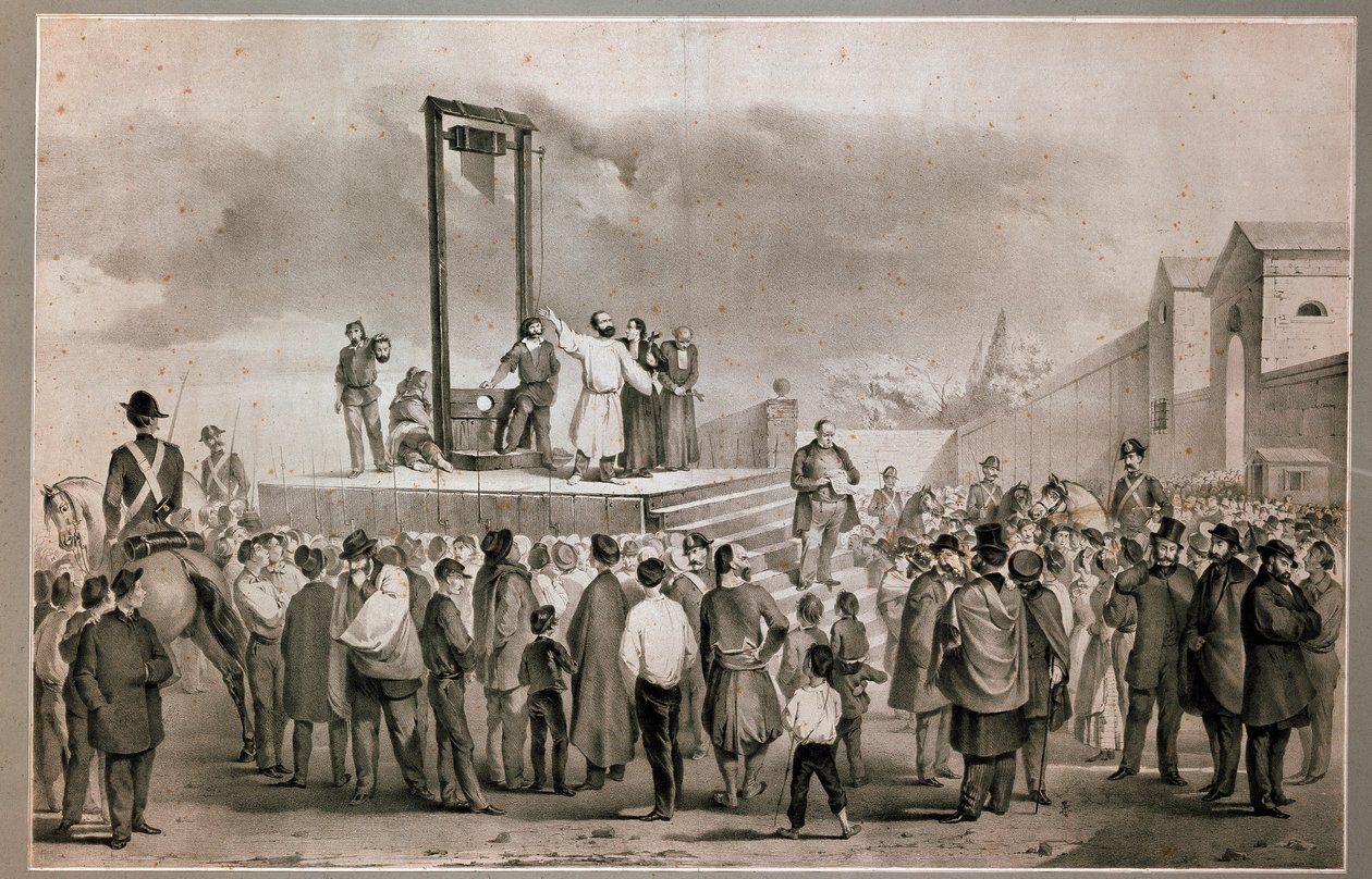 1858年3月13日，Felice Orsini (1819 - 1858)和Pieri在巴黎Roquette广场执行了1858年1月14日对拿破仑三世的袭击，19世纪末的石版画。米兰起义博物馆 作者 意大利学校