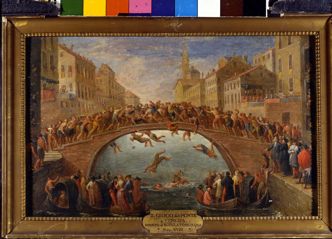 桥牌的比赛有威尼斯 Ponte Santa Fosca 上的接力棒之战。 威尼斯学校的绘画。 18世纪。 作者 意大利学校