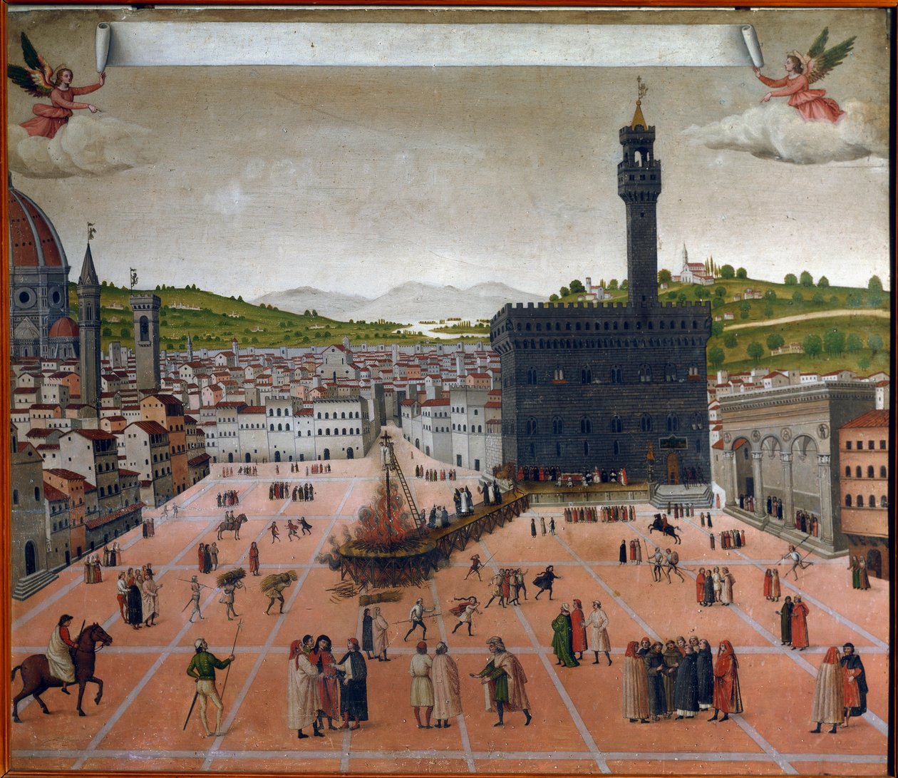 1498 年，佛罗伦萨签名广场上吉罗拉莫-萨沃纳罗拉的火葬场（绘画） 作者 意大利学校