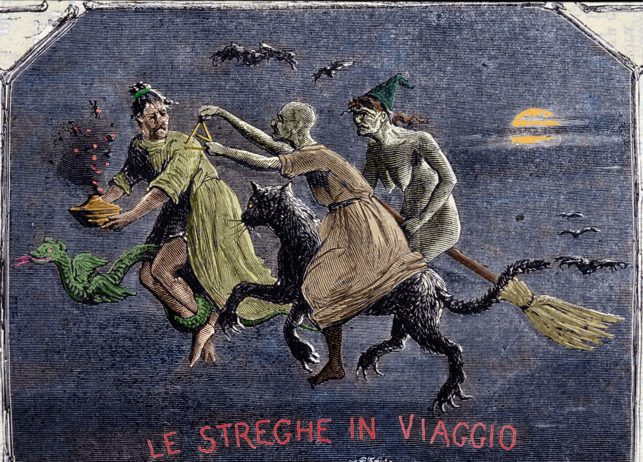 The witches on their way to the Sabbath: one is on a black cat, another on a broom and the third on a dragon carries an elixir. Engraving. 作者 意大利学校