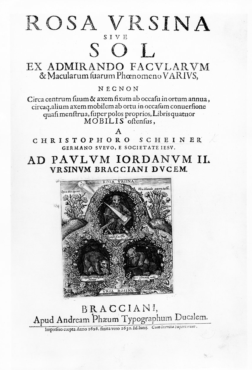 由Christoph Scheiner撰写的Rosa Ursina sive Sol的标题页，发表于1630年（打印） 作者 意大利学校
