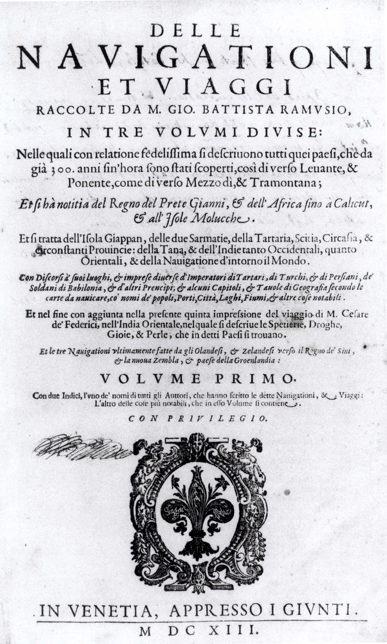 Delle Navigationi et Viaggi第一卷的标题页由Giovanni Ramusio（1485-1557）发表于1613年 作者 意大利学校