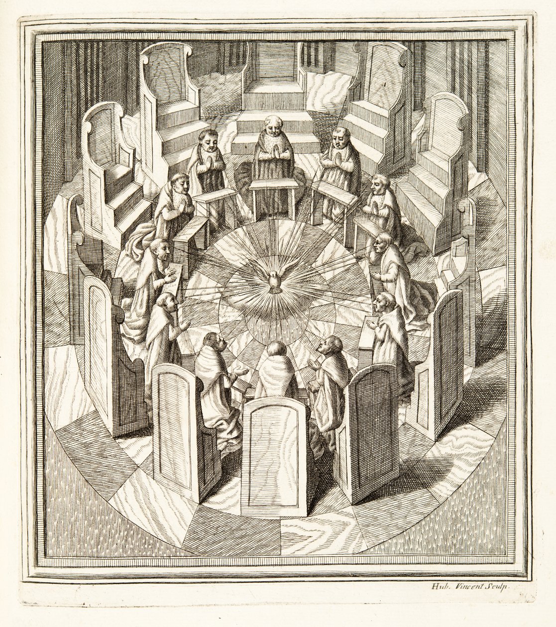 Twelve Judges of the Rota praying in a circular hall surrounding the Holy Spirit, pub. 1717 (engraving) 作者 意大利学校
