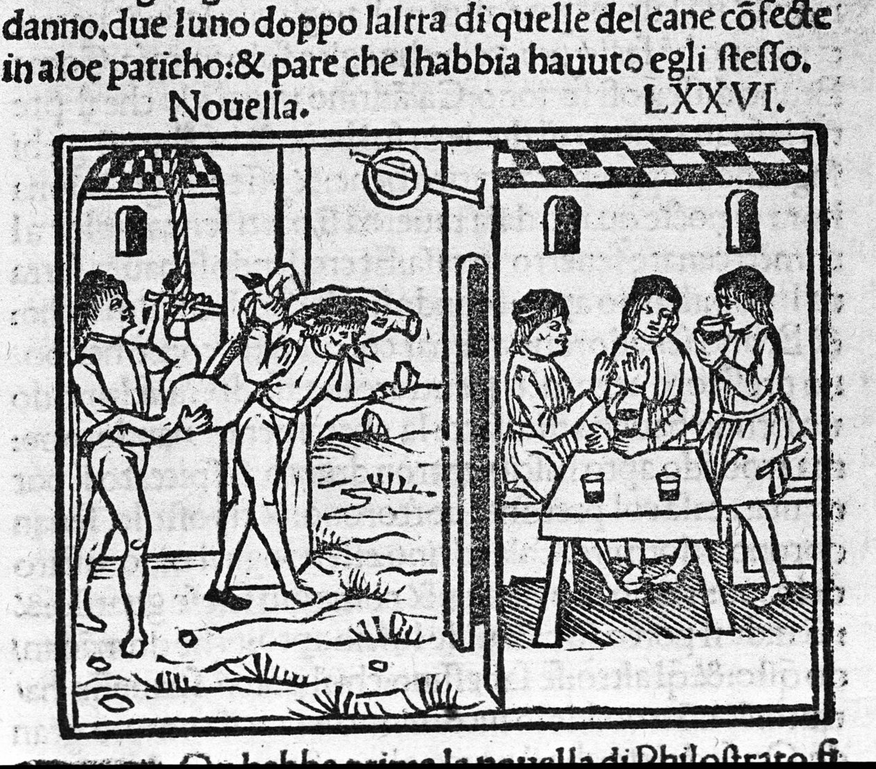 两个人肩上扛着一头猪。 意大利作家 Giovanni Boccaccio dit Jean Boccaccio（1313-1375）的“十日谈”新闻 76（新 6 日）插图。 雕刻在“”Decamerone ouer Cento nouelle”“威尼斯，巴托洛梅奥德 作者 意大利学校
