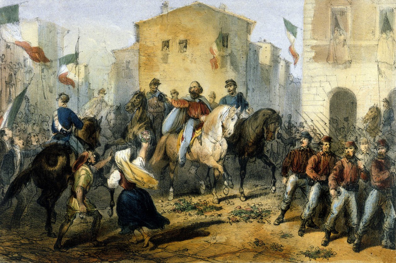 团结的意大利：朱塞佩-加里波第（1807-1882）领导的千人队或红衫军远征。抵达西西里岛的墨西拿。19世纪末的绘画 作者 意大利学校