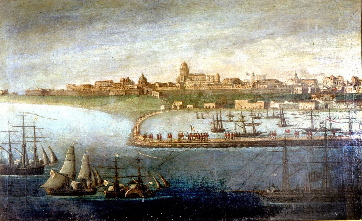 意大利联合：朱塞佩·加里波第 (1807-1882) 领导的千人红衫军远征队。 西西里岛马尔萨拉的船坞。 无名画。 米兰复兴博物馆 作者 意大利学校