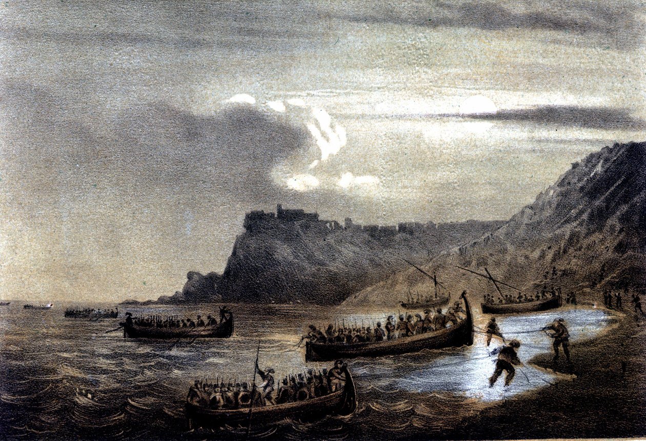 意大利联合：朱塞佩·加里波第 (1807-1882) 领导的千人红衫军远征队。 加里波第人的第一支舰队向斯特拉堡的卡拉布里亚出发。 19 世纪的石版画 作者 意大利学校