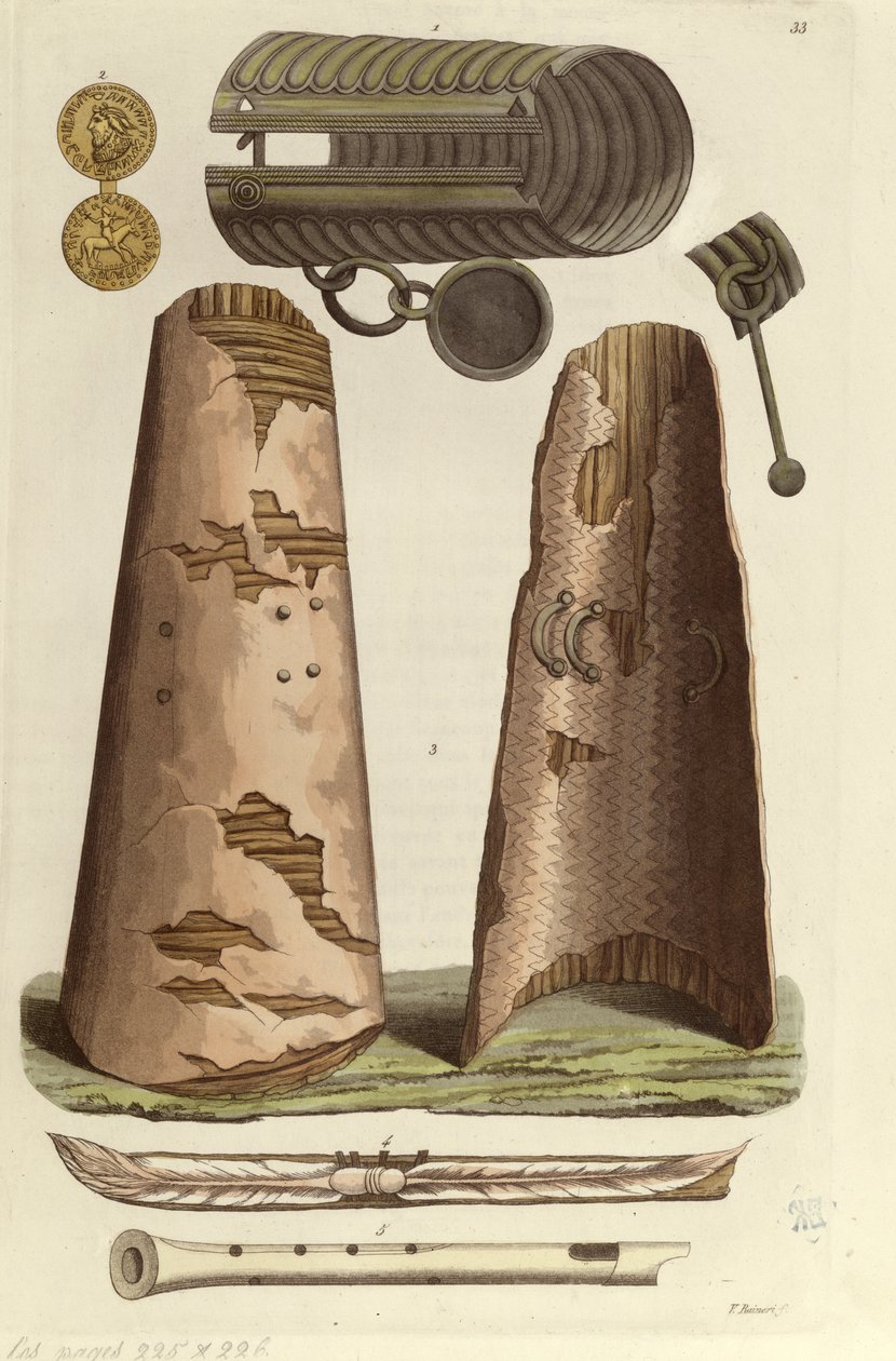 Various Viking artefacts: bronze bracelet, golden medal with runic alphabet, shields, flutes. Illustration by V. Raineri from 