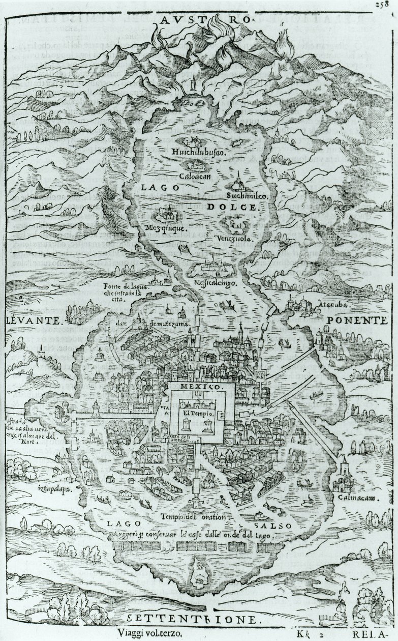 查看从阿兹特克市Tenochtitlan北部，来自Relatione della Citta del Temistitan的Giovanni Battista Ramusio（1485-1557）发表于威尼斯1606 作者 意大利学校