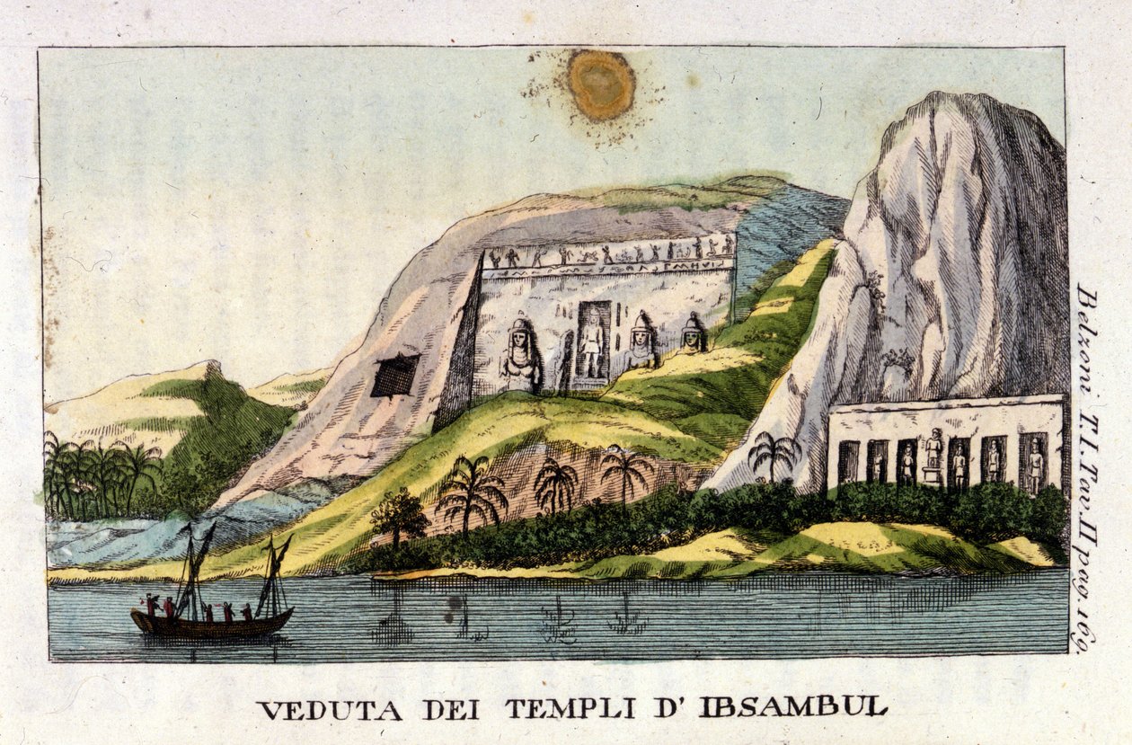 阿布辛贝神庙外景。 作者乔瓦尼·巴蒂斯塔（Gianbattista）贝尔佐尼（Gianbattista）（1778-1823），是意大利探险家和考古学家，在埃及取得了重要的考古发现。 雕刻 - 米兰贝尔佐尼 (Belzoni) 的“” Viaggio in Egitto e in Nubia” 作者 意大利学校