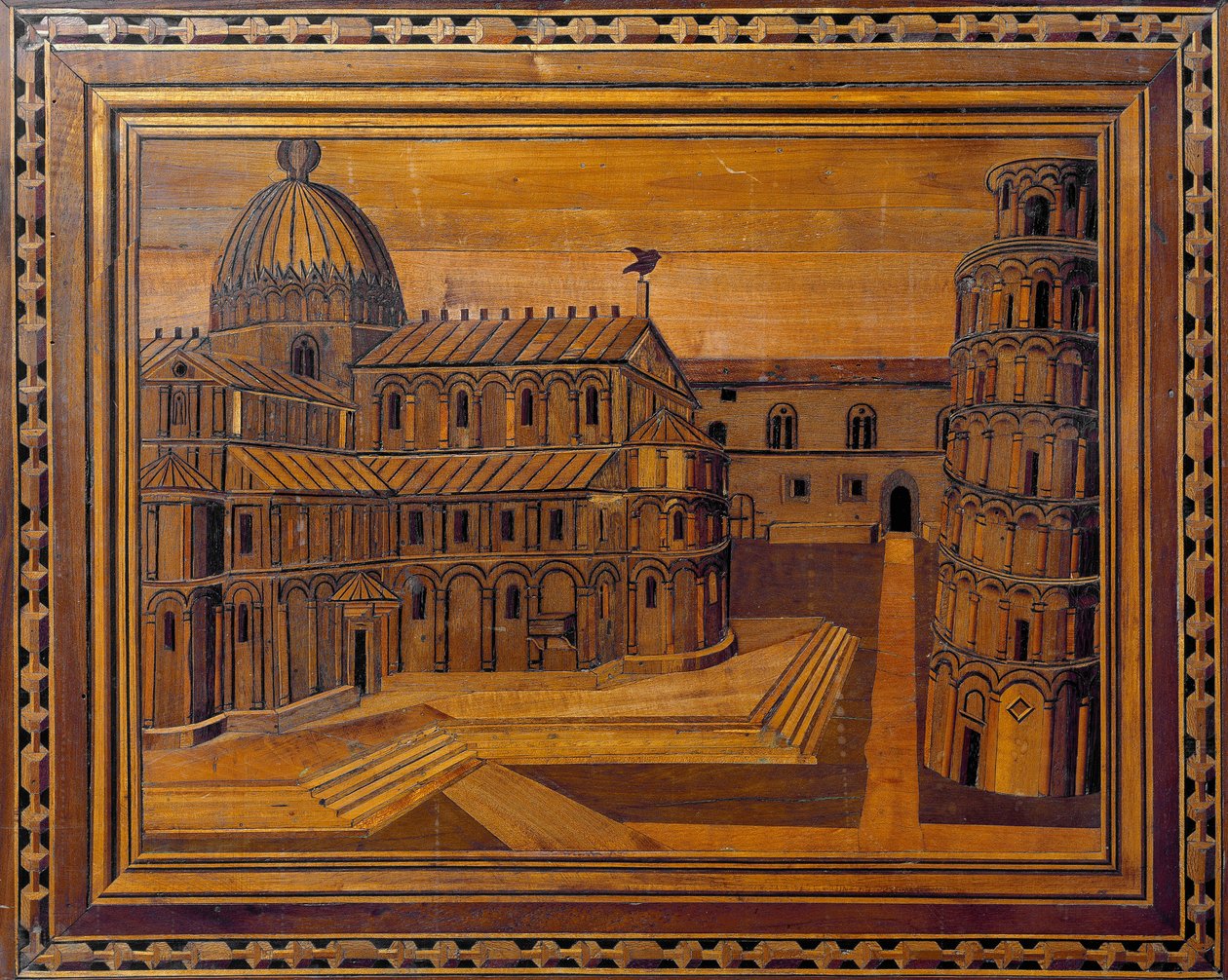 比萨大教堂 (Duomo di Santa Maria Assunta di Pisa) 和奇迹广场 (Piazza dei Miracoli) 上的斜塔 (Torre pendant) 的景观，采用 15 世纪的镶嵌工艺。 保存于比萨大教堂长老会 作者 意大利学校