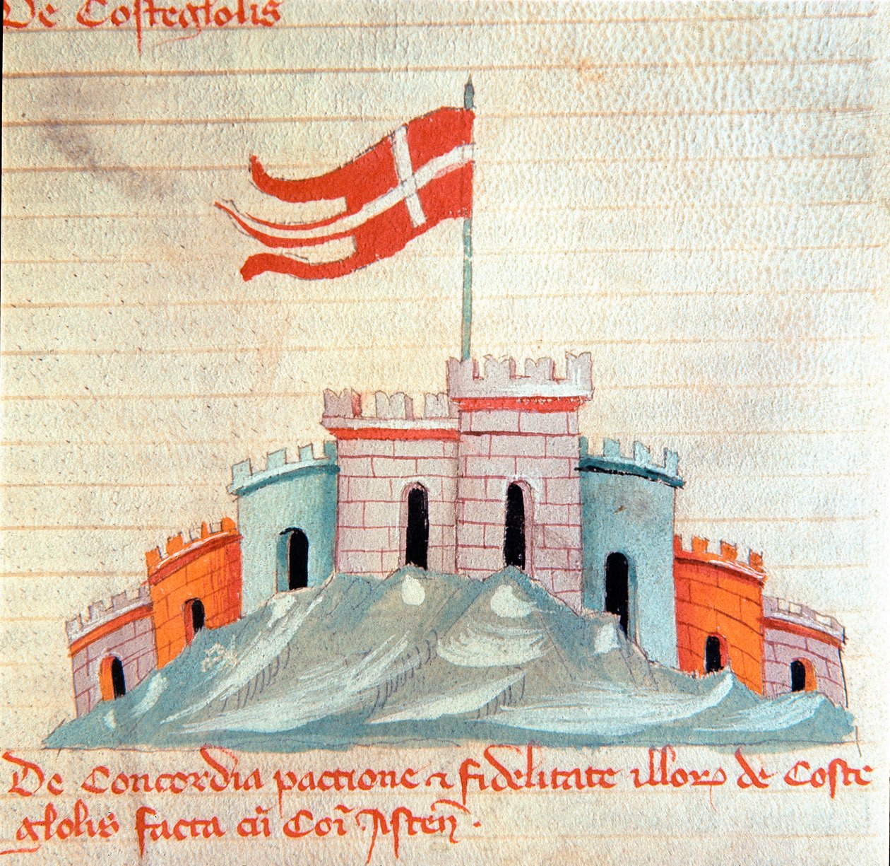 从“Codex Astensis”（或 Malabayla）看托斯卡纳缩影中的 Castiglione 城堡，1065 年至 1353 年间关于阿斯蒂市的编年史。14 世纪。 保存在阿斯蒂市长 作者 意大利学校