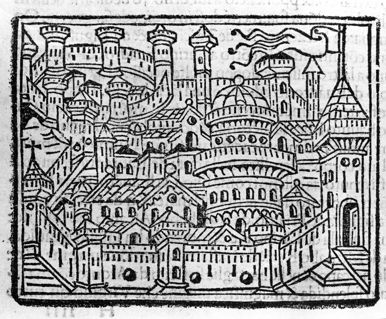 意大利奥斯塔市的景色。威尼斯Fra Jacopo Filippo Foresti的 "Supplemento alle cronache "中的雕版。 作者 意大利学校