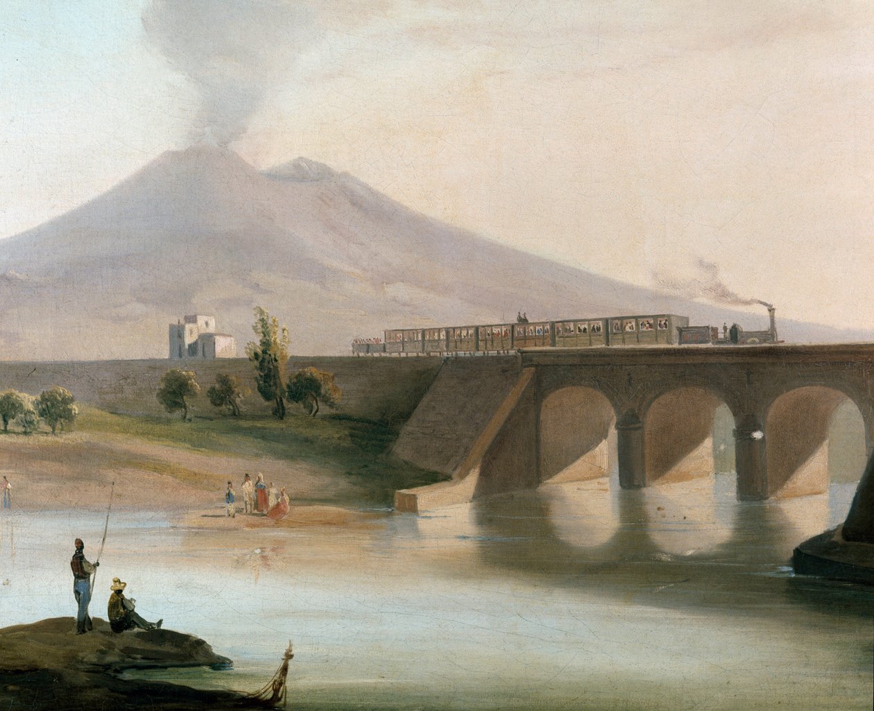 View of the railway line between Torre Annunziata and Nocera in the Naples region inaugurated in 1844, the Vesuve is visible in the background (View of railway line between Torre Annunziata and Nocera near Naples) - Painting of the 19th century Museo Nazio 作者 意大利学校