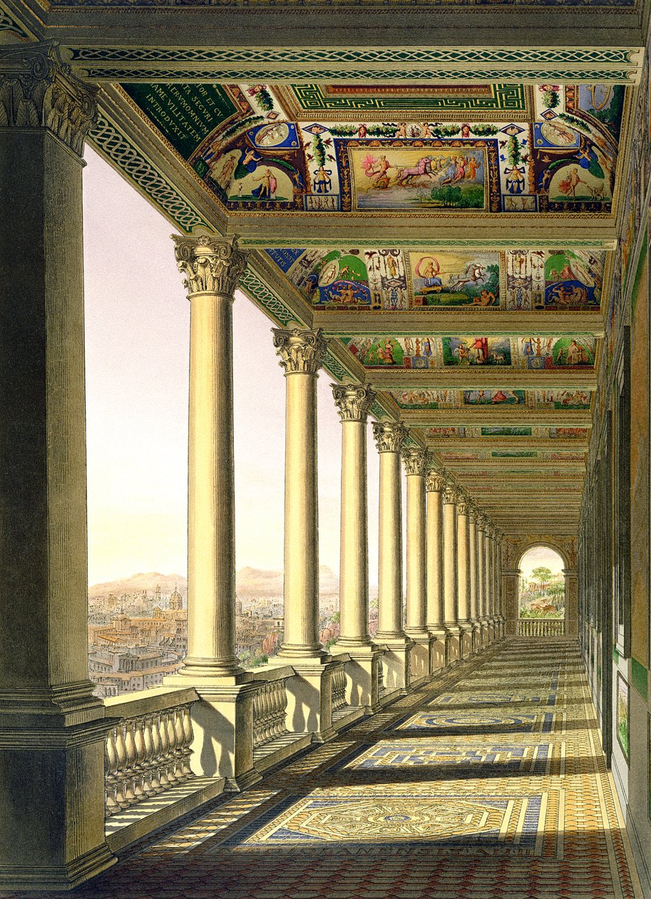 位于梵蒂冈的Loggia三楼，由Raphael装饰，来自Delle Loggie di Rafaele nel Vaticano，于1814年出版的散叶（手工彩色雕刻） 作者 意大利学校