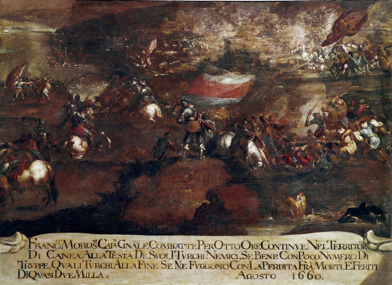 坎迪亚战争（克里特岛）::“1660 年 8 月由 Francesco Morosini（1619-1694）领导的哈尼亚之战”（克里特战争（1645-69）：1660 年 8 月由 Francesco Morosini 领导的对 Canea 的进攻） 威尼斯学校 作者 意大利学校