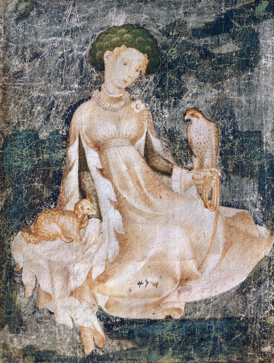 与狗和猎鹰坐在地上的女人，水彩画，法国 作者 意大利学校