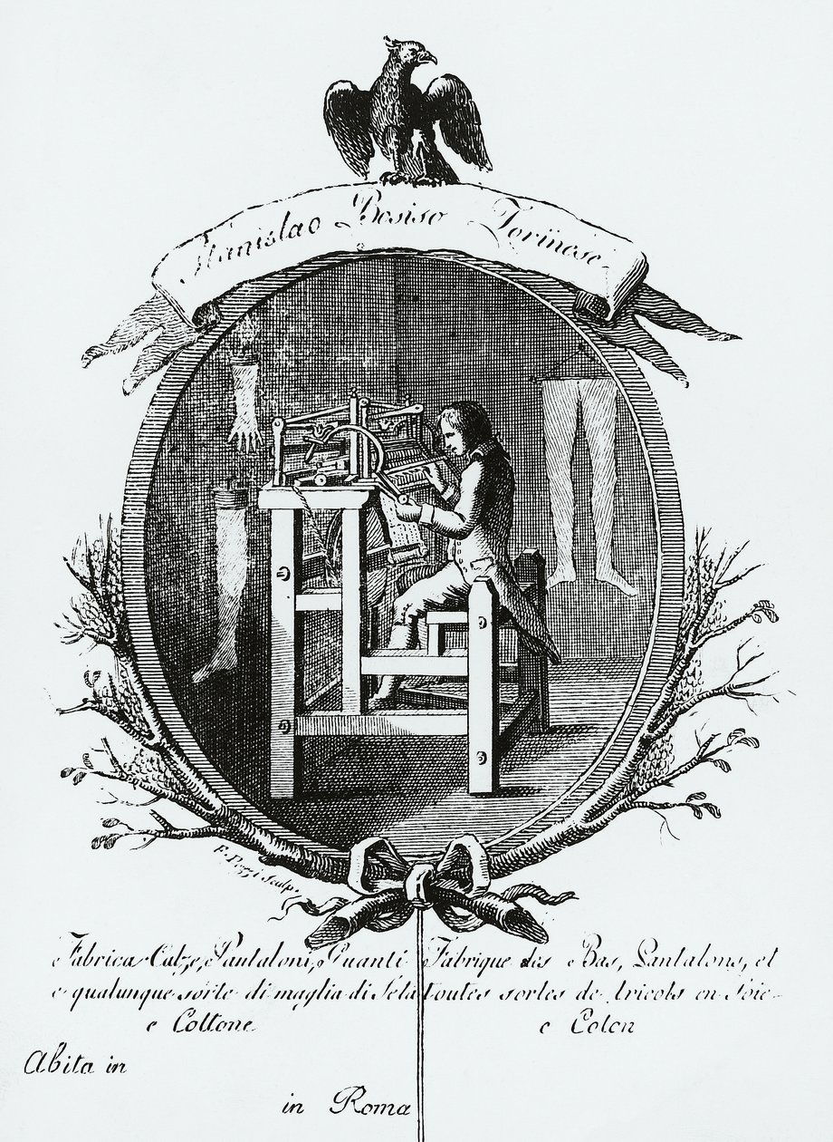 工人在织布机上，图像广告Stanislaus Bosisio Torinese，袜子、裤子、手套和任何种类的丝绸和棉织品的制造商，雕刻，意大利 作者 意大利学校